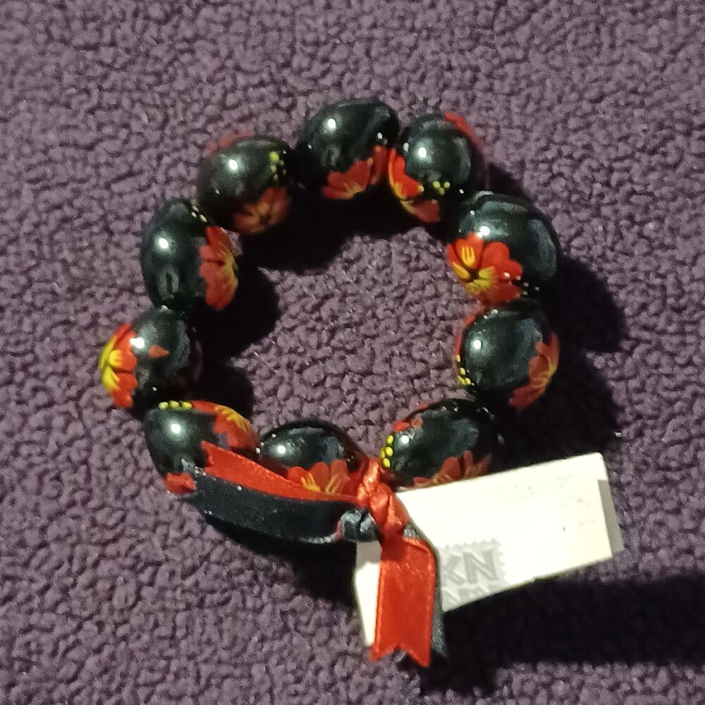 Genuine Black Kukui Nut Bracelet w/ Hand Painted Red Hibiscus Flowers